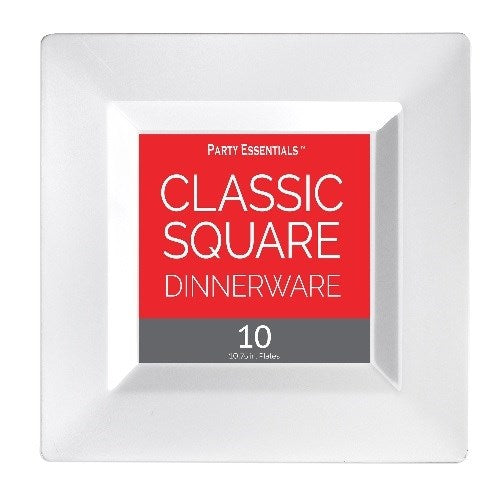 White square dinner plate with slightly raised edges, 10.75 inches wide, glossy finish.