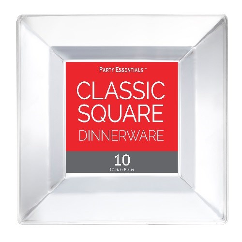 Clear square plastic plate with slightly raised edges, 10.75 inches, pack of 10.
