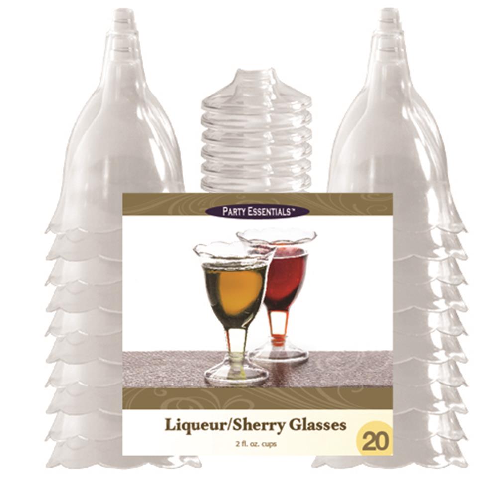 Clear plastic liqueur sherry glasses with a 2oz capacity, stacked in two tall columns.