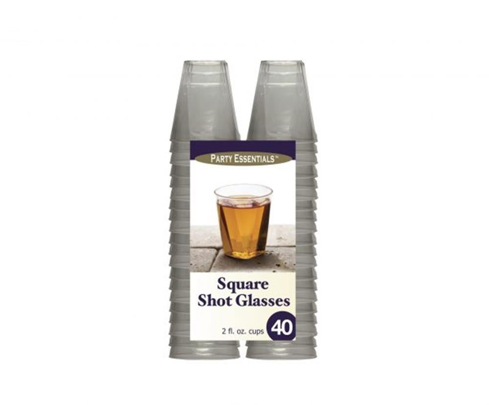 Stacked clear plastic square shot glasses, 2oz capacity, 40-pack with label.