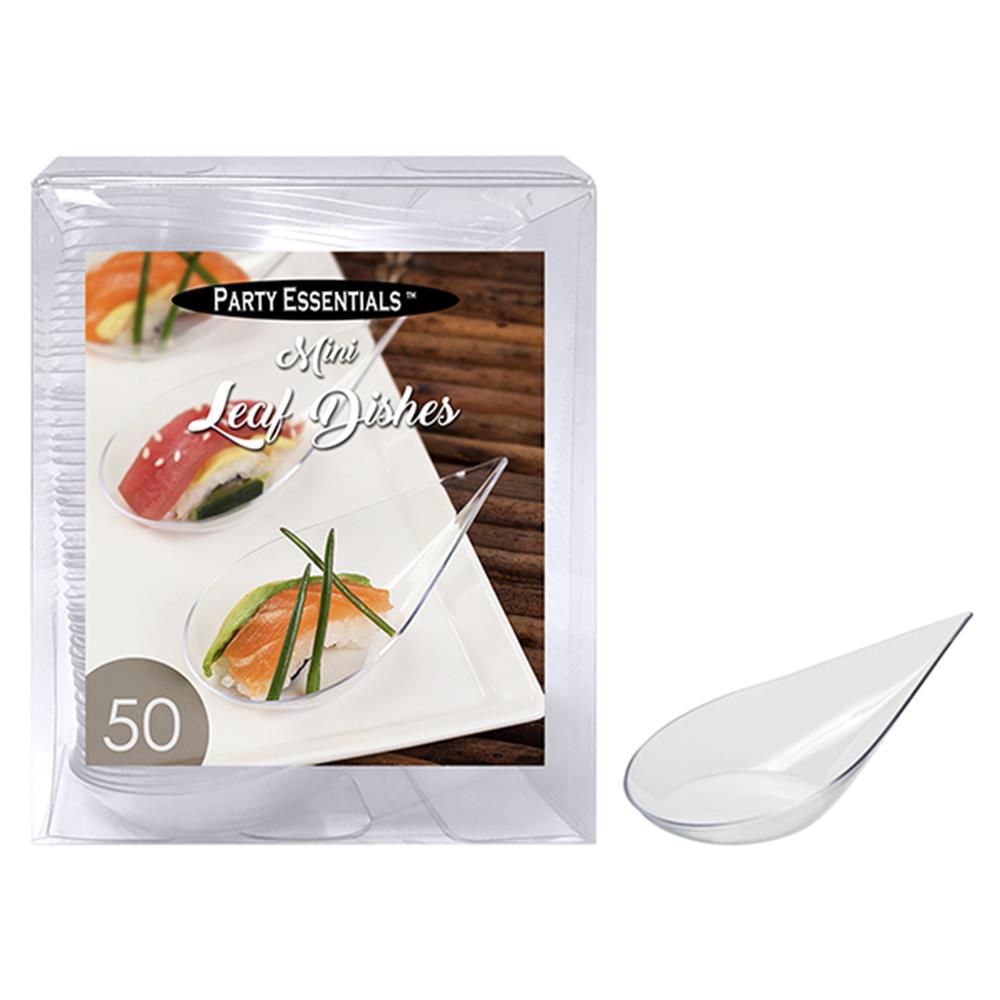 Clear mini dishes shaped like elongated leaves, smooth plastic, 50 count pack.