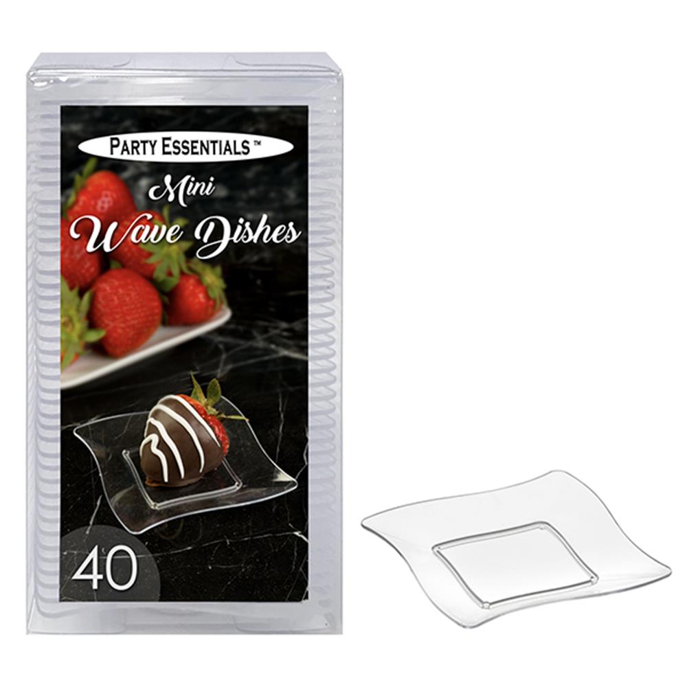 Set of 40 clear, square mini dishes with subtle wave edges, made from lightweight plastic.