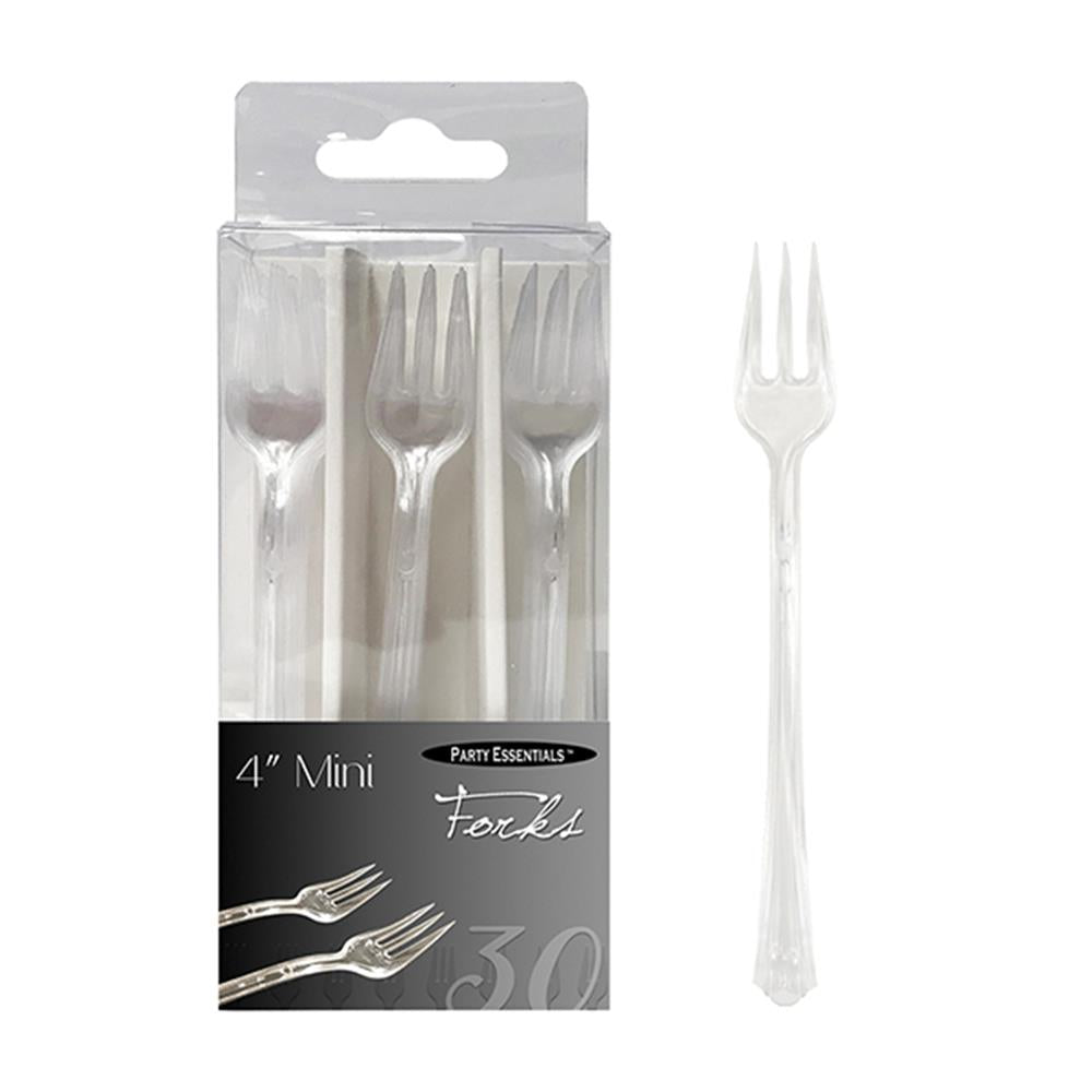 Set of 30 clear plastic mini forks, each 4 inches long, with three tines and simple handles.