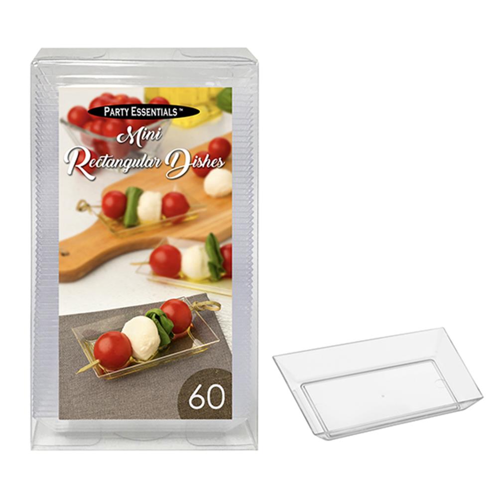 Stack of clear rectangular mini plastic dishes with a small skewer of mozzarella and cherry tomatoes on the packaging label.