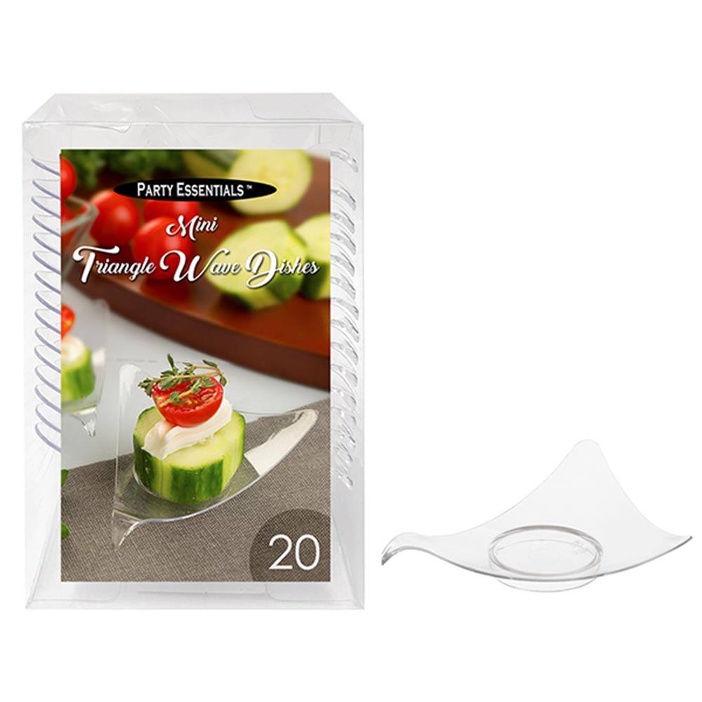 Clear mini triangular wave dish with a curved edge, made of plastic, 20-count pack.