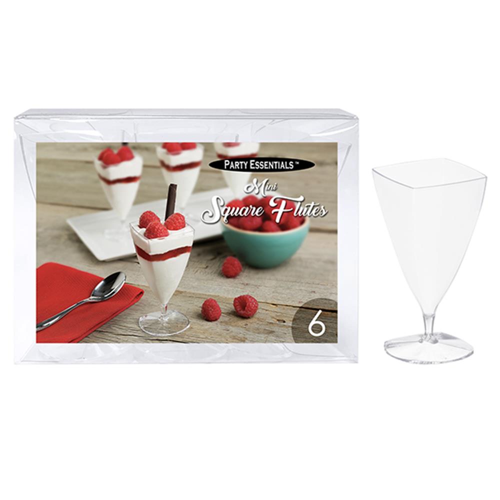 Set of six clear mini square flute glasses, 3oz capacity, with a modern geometric shape and slender stems for serving.