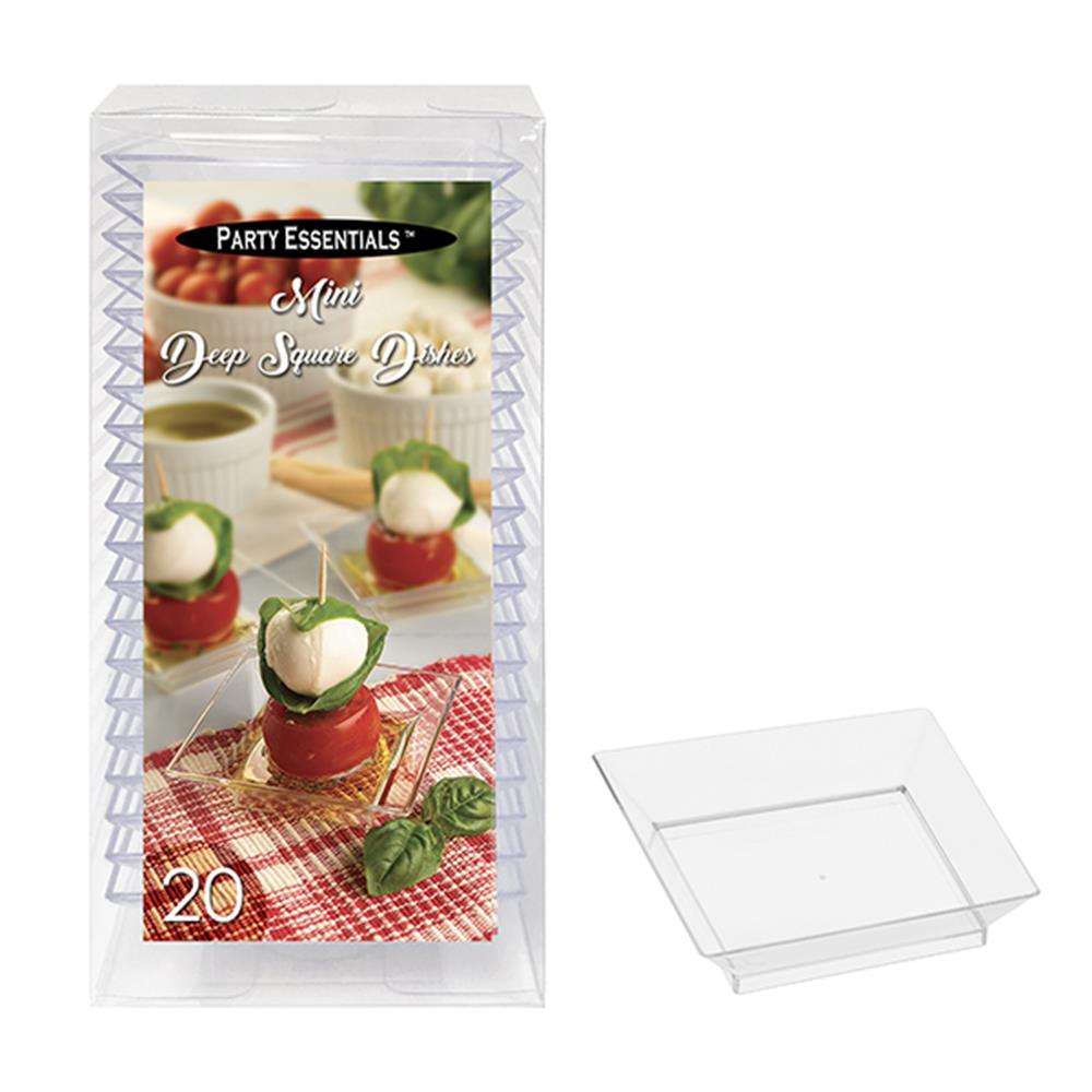 Set of 20 clear plastic mini deep square dishes with slightly raised edges.