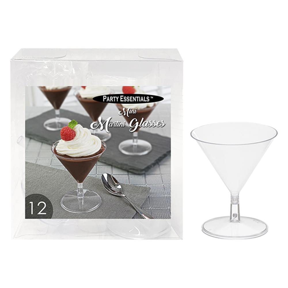 Set of 12 clear mini martini glasses, 2oz capacity, classic conical shape with short stem.