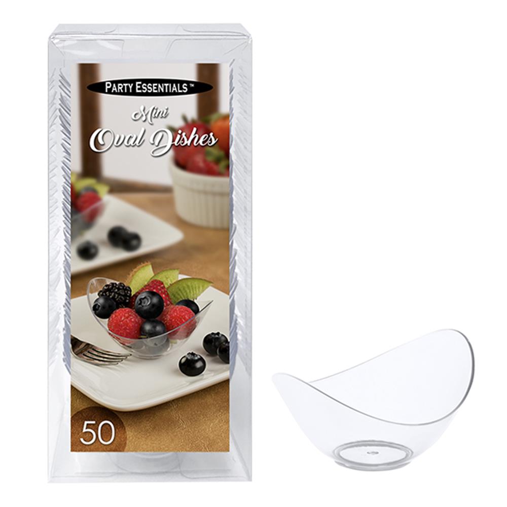 Clear mini oval plastic dishes, shallow with smooth edges, 50 pieces in stack.