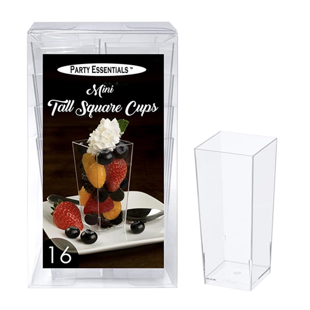 Clear mini tall square cup with 3.5oz capacity, made of transparent plastic, 16 count pack.