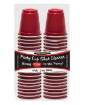 Stacked red plastic shot glasses, 2oz size, with black and white label wrapping center.