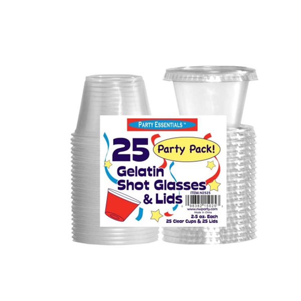 Clear plastic gelatin shot glasses with matching lids, stacked and packaged in a set of 25.
