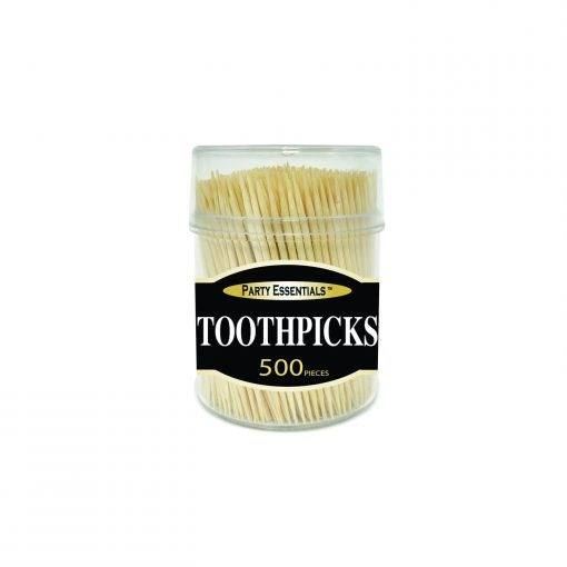 Clear plastic jar filled with light wooden toothpicks, black label reading "Toothpicks 500 pcs".