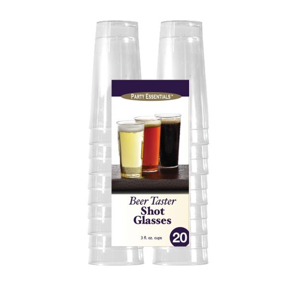 Set of clear plastic 3oz beer taster shot glasses, stacked in two columns with label showing three filled glasses.