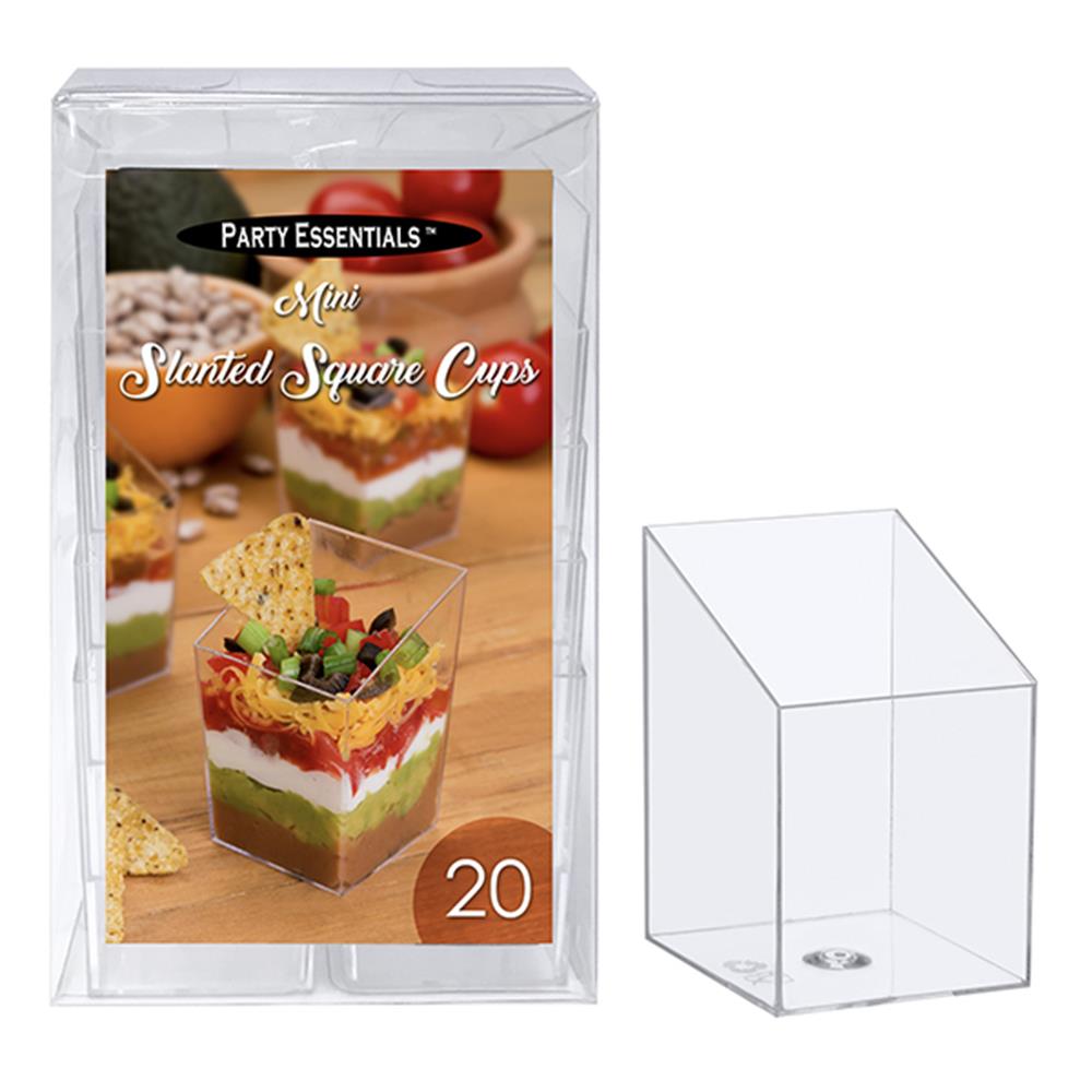 Clear mini slanted square cup 3.5 oz made of transparent plastic, pack of 20.