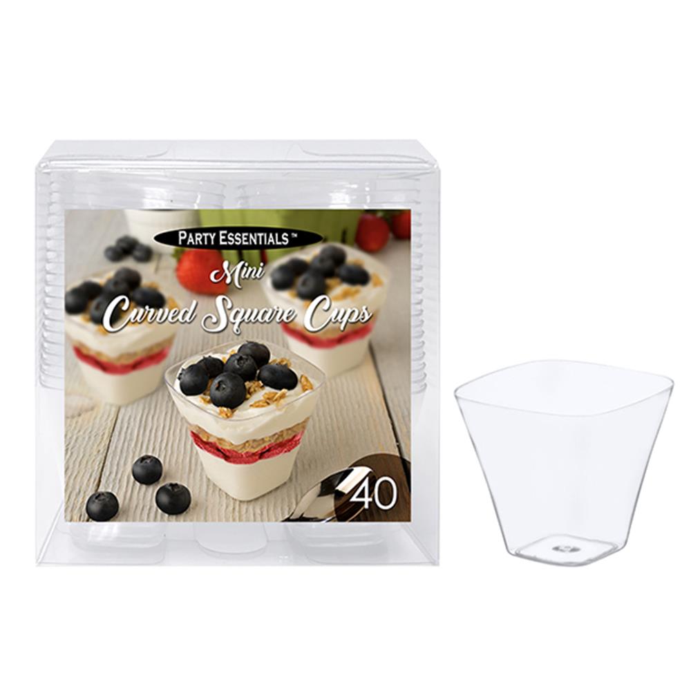 Clear mini curved square plastic cup with 3.5oz capacity, shown stacked and individually.