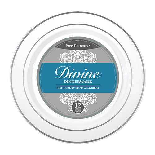 Plastic Divine 10.25 inch Divine White with Silver Rim Plastic Plates 12ct