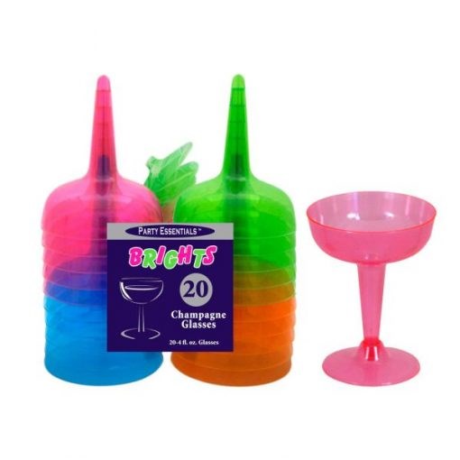 Stacked neon champagne glasses in pink, blue, green, and orange plastic with tall, slender stems and rounded bowls, 4oz.