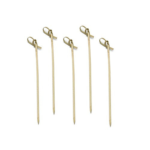 Set of five light natural bamboo cocktail picks with knotted loop tops, 7 inches long.