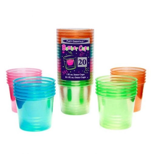Assorted neon plastic cups in pink, blue, green, and orange with a clear cylindrical package label.