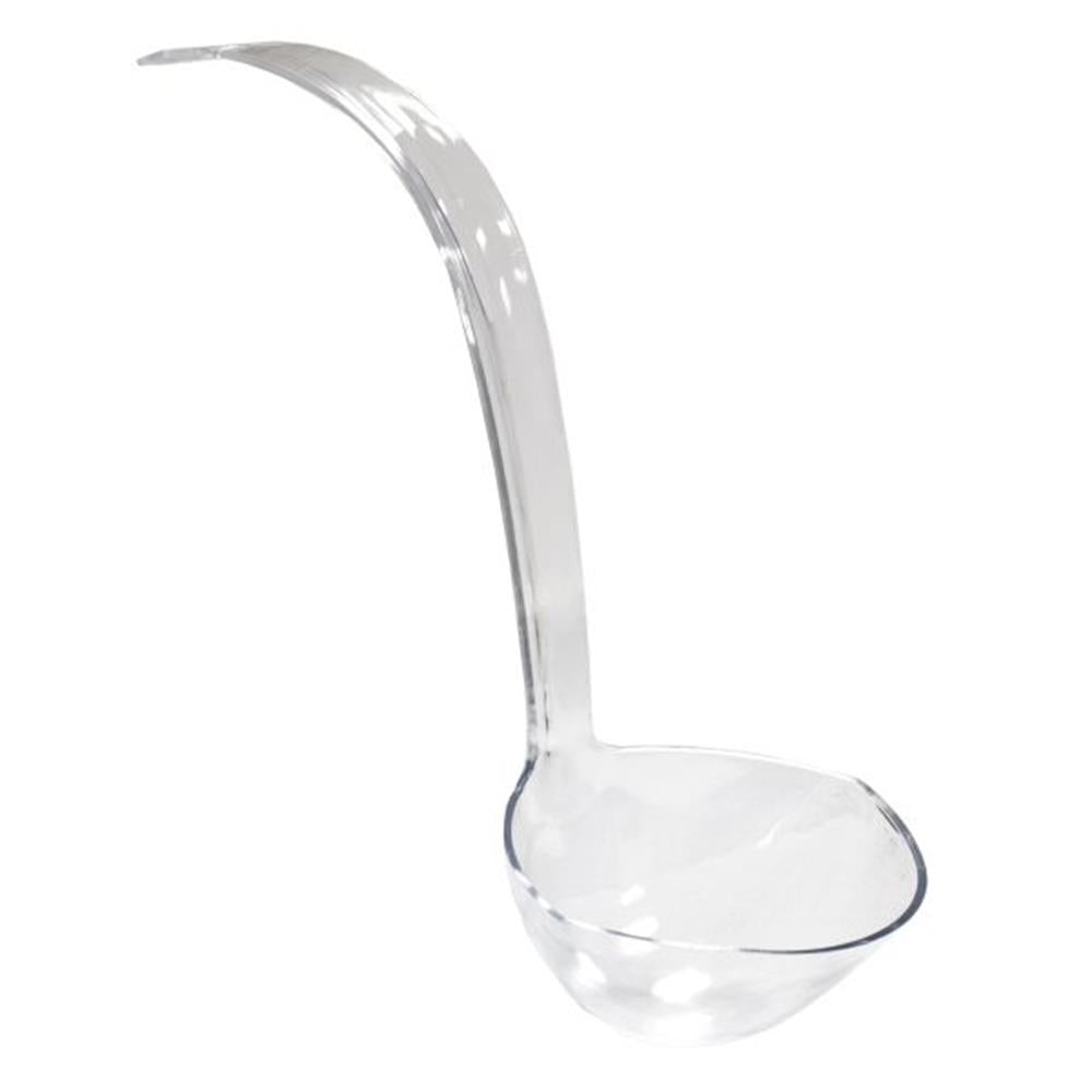 Transparent clear plastic ladle with a deep, rounded bowl and a long curved handle.