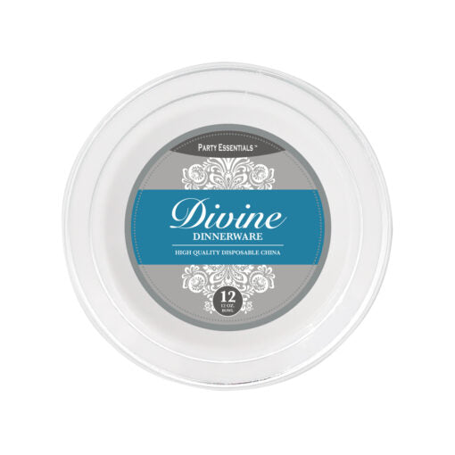 Plastic 12oz Divine White with Silver Rim Plastic Bowls 12ct