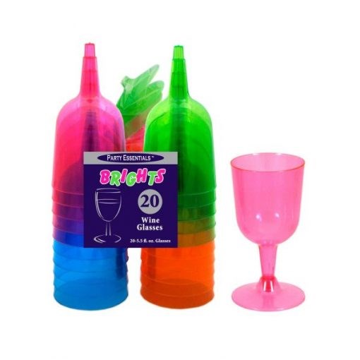 Stack of neon plastic wine glasses in pink, blue, green, and orange, and one pink glass standing beside them.