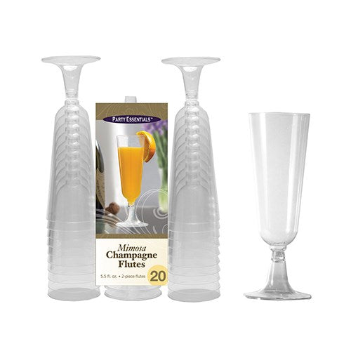 Set of two clear plastic mimosa flutes, 5.5oz capacity, slender with slightly textured stems.