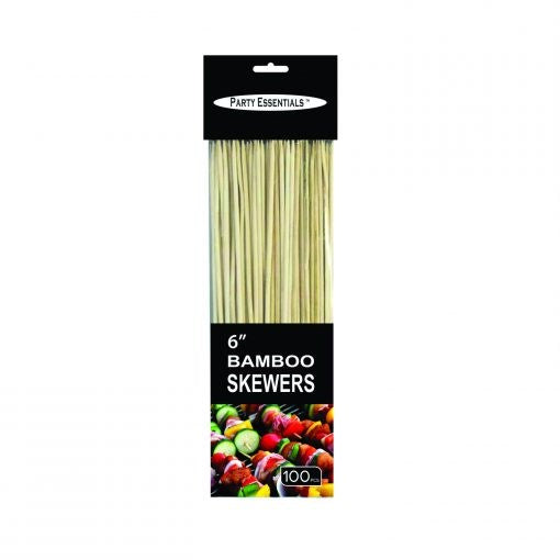 100-pack of 6-inch natural bamboo skewers packed vertically in clear plastic with black and white label.