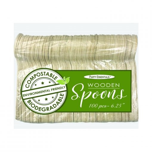 Pack of 100 natural wooden spoons, 6.25 inches long, biodegradable and compostable.