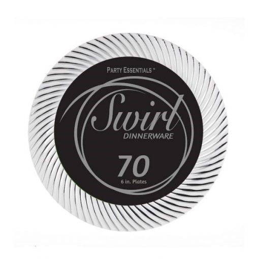 White 6-inch round paper plate with silver swirl pattern along the edge, pack of 70.