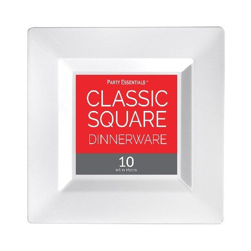 White square plastic plate with a slightly raised rim, 6.5 inches, pack of 10.