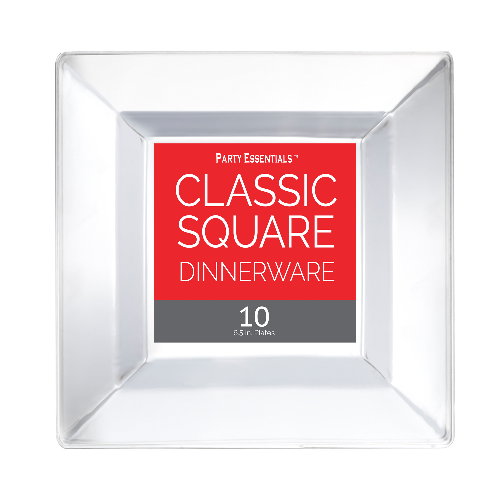 Clear 6.5-inch square plastic plate with slightly raised edges, pack of 10.