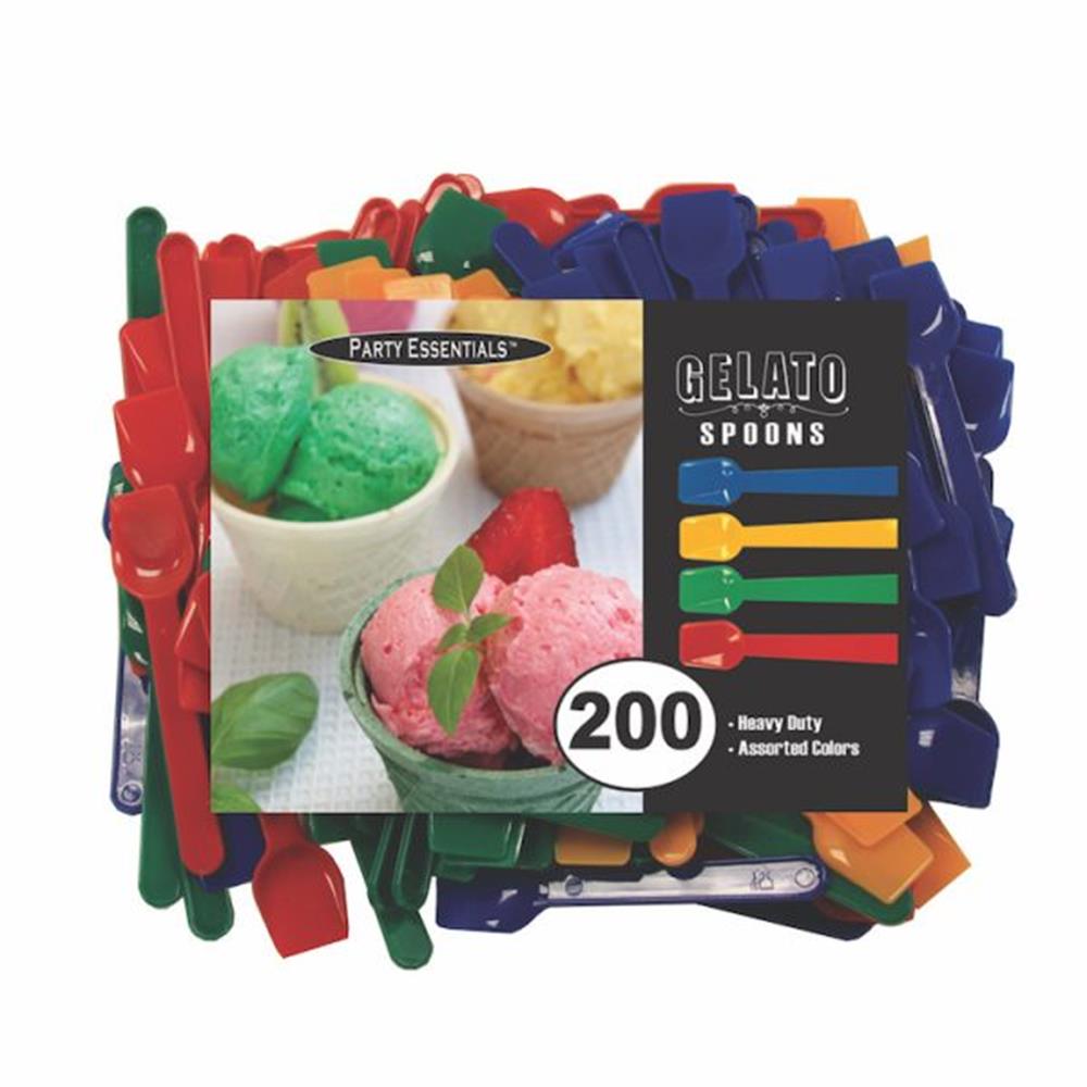 Assorted colorful plastic gelato spoons in red, green, yellow, orange, and blue, 200 count pack.