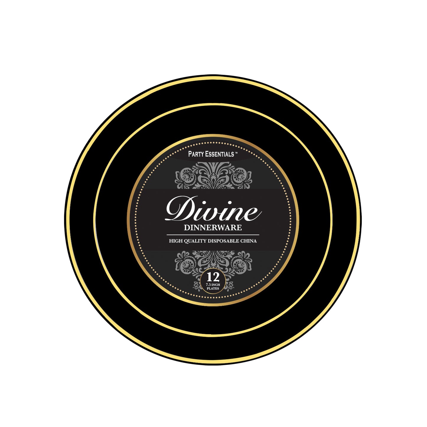 Plastic 7.5 inch Divine Black with Gold Rim Plastic Plates 12ct