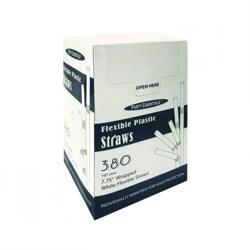 White flexible plastic drinking straws, 7.75 inches long, packaged in a tall rectangular box of 380 count.