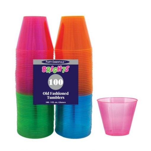 Stacked neon tumblers in green, pink, orange, and blue plastic with one pink tumbler separate.