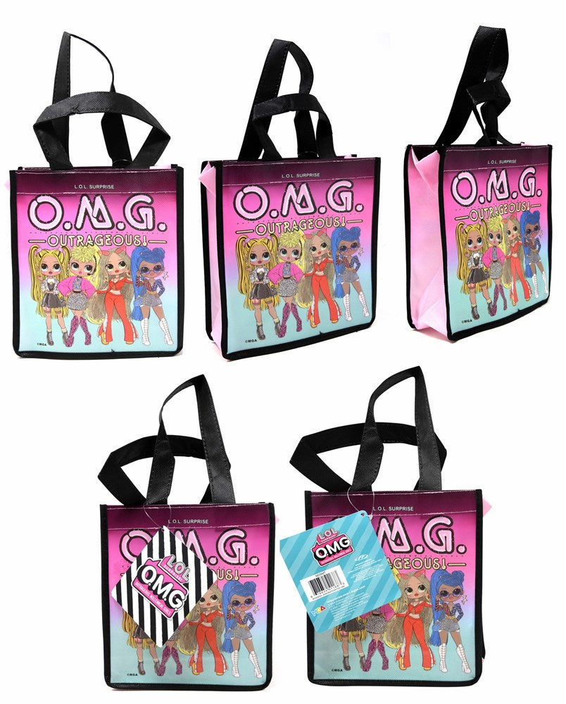 Small square pink tote bag with black handles, shiny "O.M.G." text and cartoon girls print, eco-friendly non-woven material.