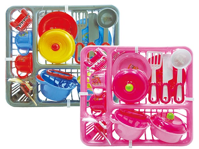 Compact plastic kitchen play set with dish drainer, plates, bowls, cups, and utensils in pink and red colors.