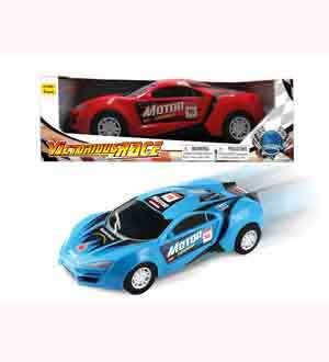 Blue friction racing car toy with white and black decals, aerodynamic design, and black wheels.