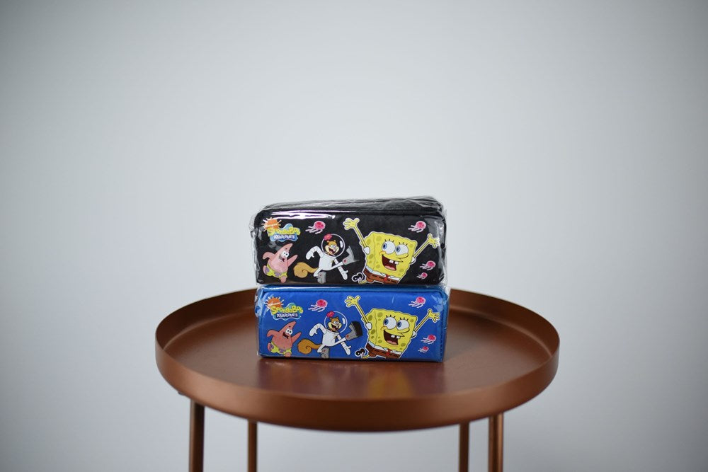 Rectangular SpongeBob pencil pouch with colorful character print, black top and blue bottom sections.