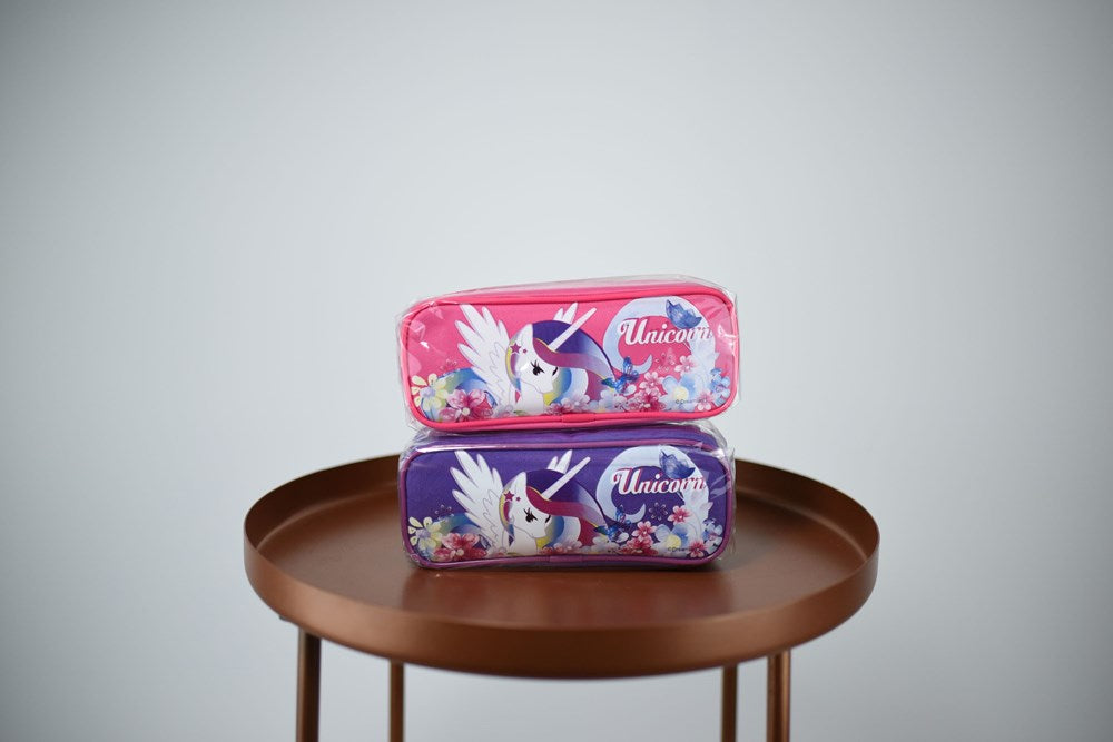 Two rectangular unicorn-themed pencil pouches with zipper closures, one pink and one purple, featuring colorful unicorn and.