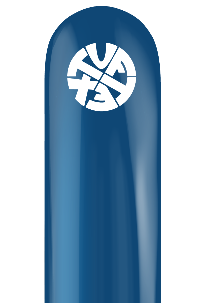 Navy blue elongated balloon with white circular logo printed near the top.