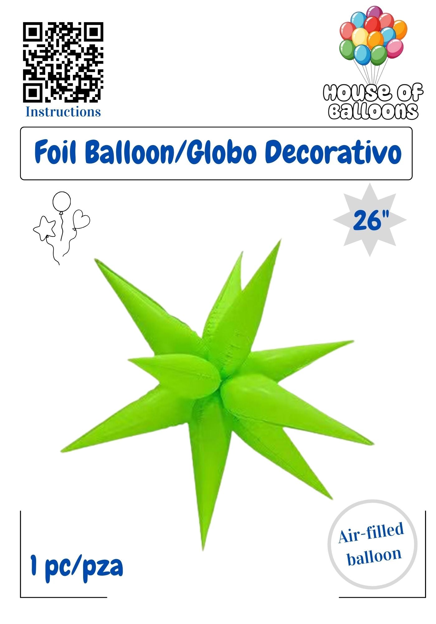 House of Balloons Star Burst Neon Green 26 inch Foil Balloon 1ct