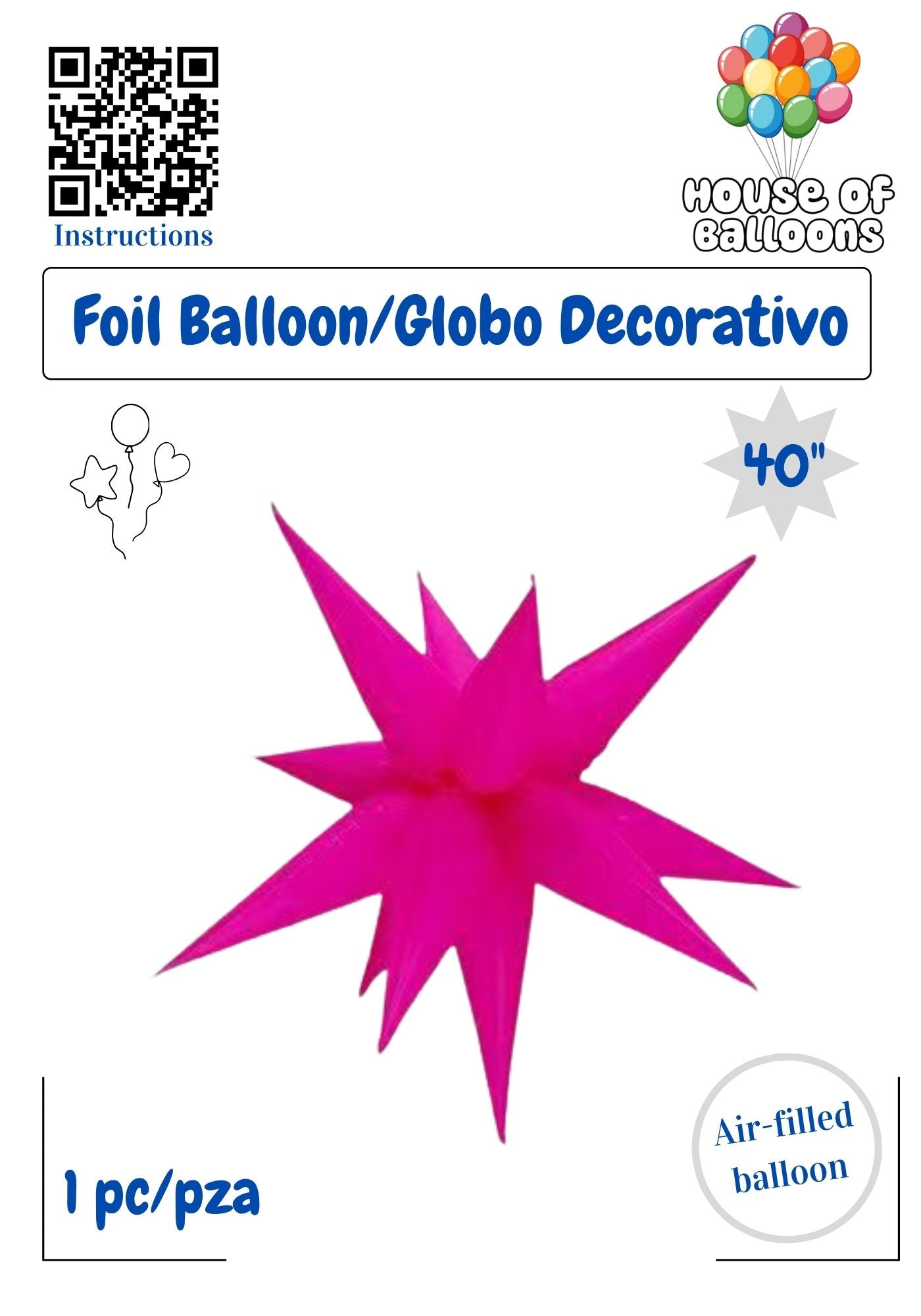 House of Balloons Star Burst Neon Rose 40 inch Foil Balloon 1ct