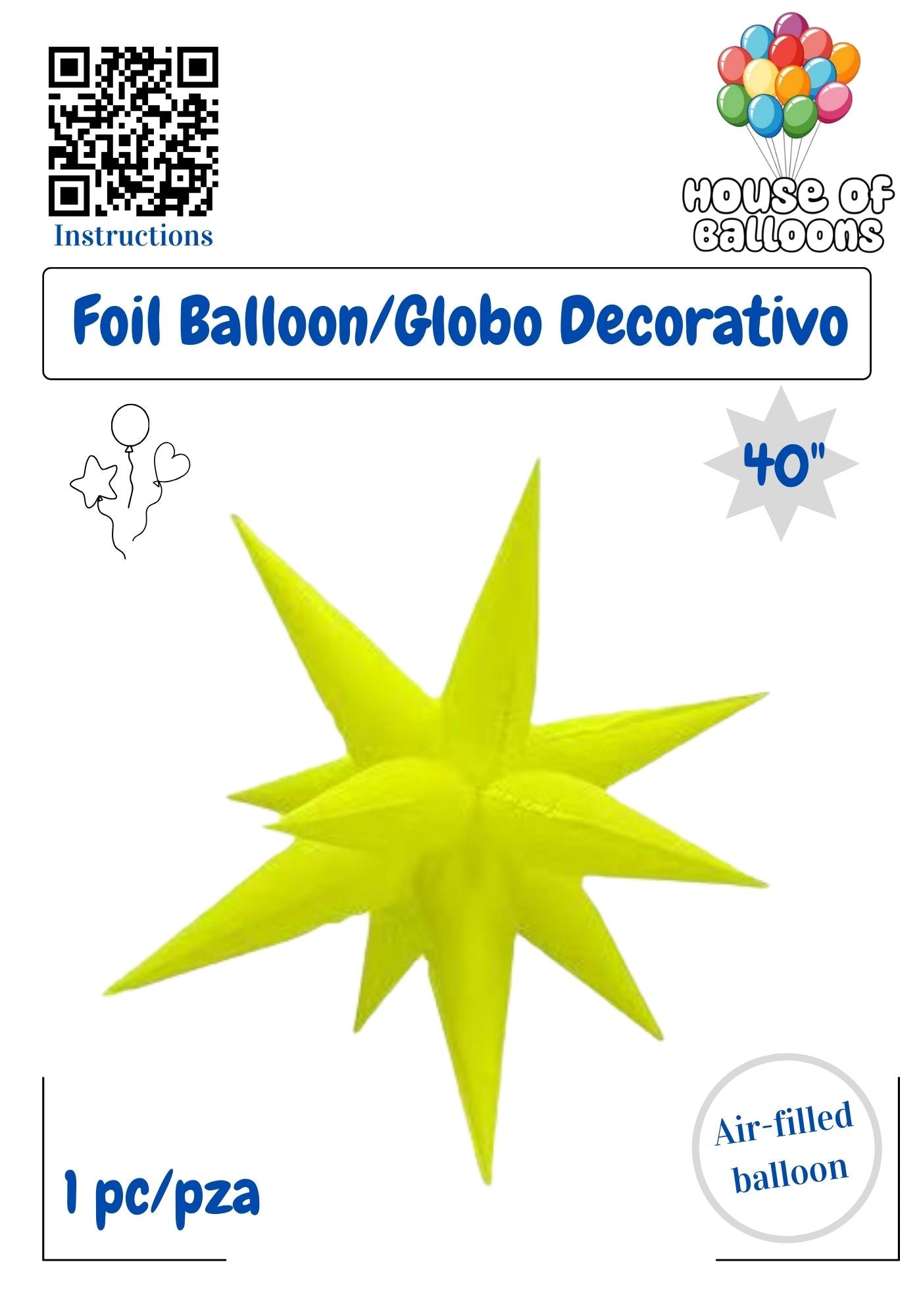 House of Balloons Star Burst Neon Yellow 40 inch Foil Balloon 1ct