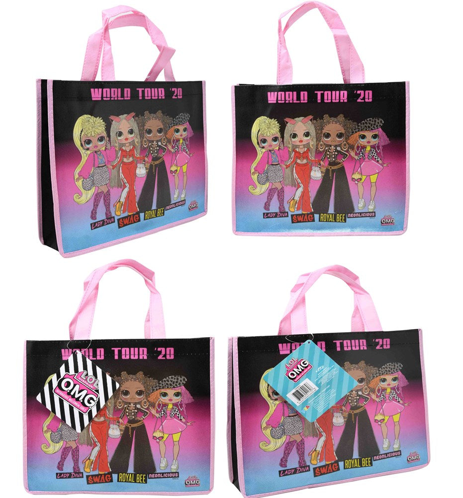 Pink and black non-woven tote bag with cartoon girls, "LOL OMG" text, and pink handles.