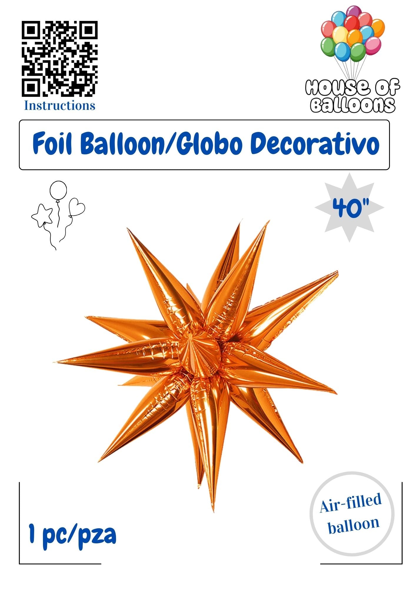 House of Balloons Star Burst Fireheart Orange 40 inch Foil Balloon 1ct