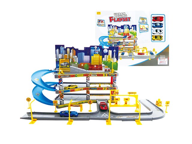 Multilevel blue and gray plastic urban parking play set with ramps, toy cars, and cityscape backdrop.
