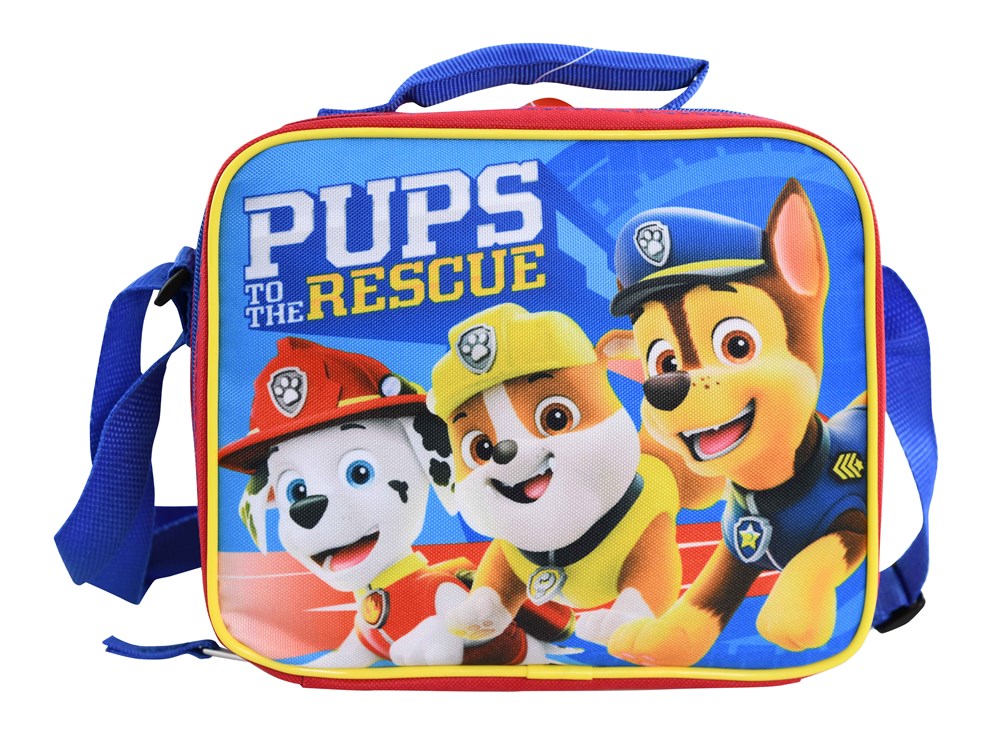 Blue rectangular Paw Patrol lunch bag with yellow trim, featuring characters Marshall, Rubble, and Chase on the front and a.